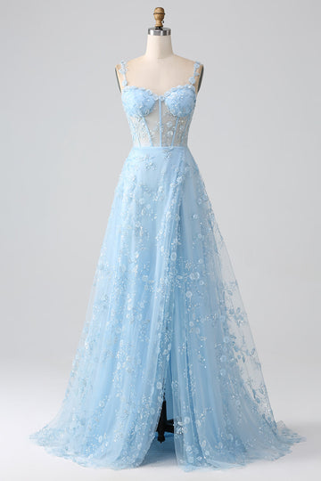 Blu Scintillante A Line Spalline sottili Paillettes Corsetto Abito da ballo Con Fessura
